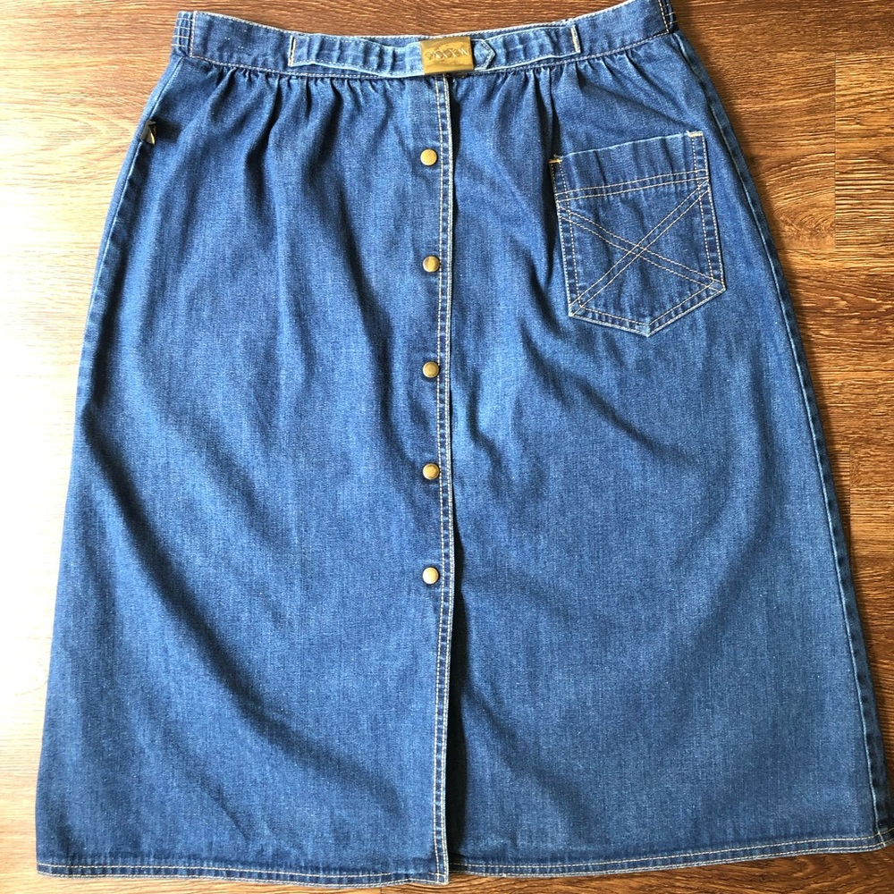 Vintage 70s/80s Sasson Denim A-Line Midi Skirt w: Belt Buckle Boho Western M/L